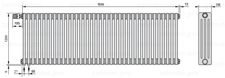 Схема (чертеж) Радиатор Zehnder Charleston 4120/36 №V001 Белый глянцевый RAL 9016